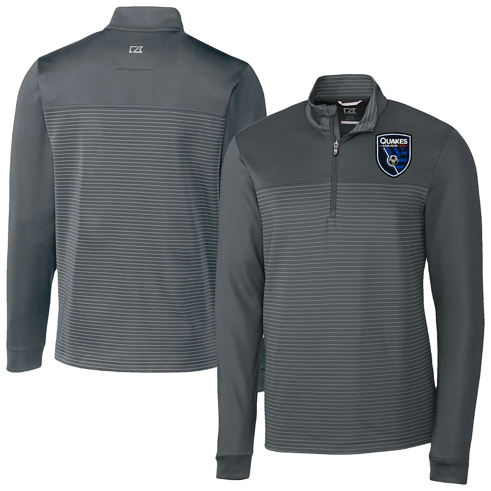 Men's Cutter & Buck Gray San Jose Earthquakes Traverse Stretch Eco Stripe Tri-Blend Quarter-Zip Top