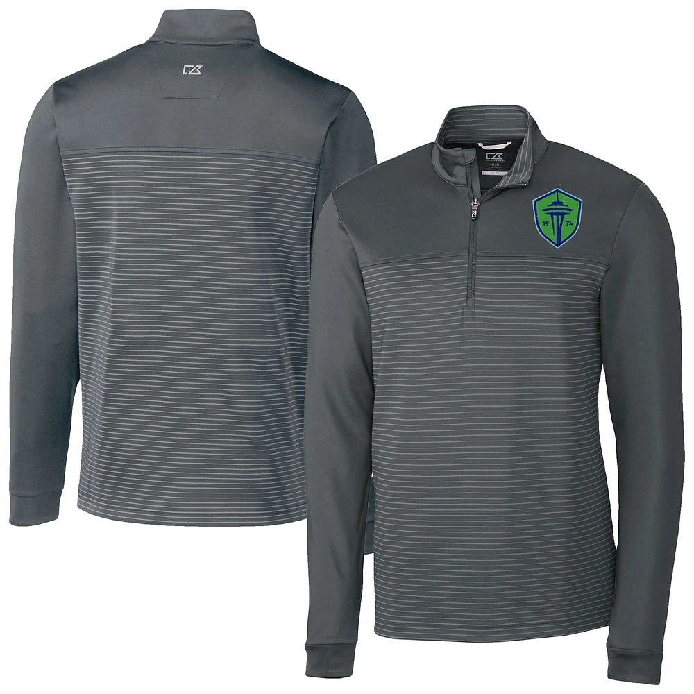 Men's Cutter & Buck Gray Seattle Sounders FC Traverse Stretch Eco Stripe Tri-Blend Quarter-Zip Top