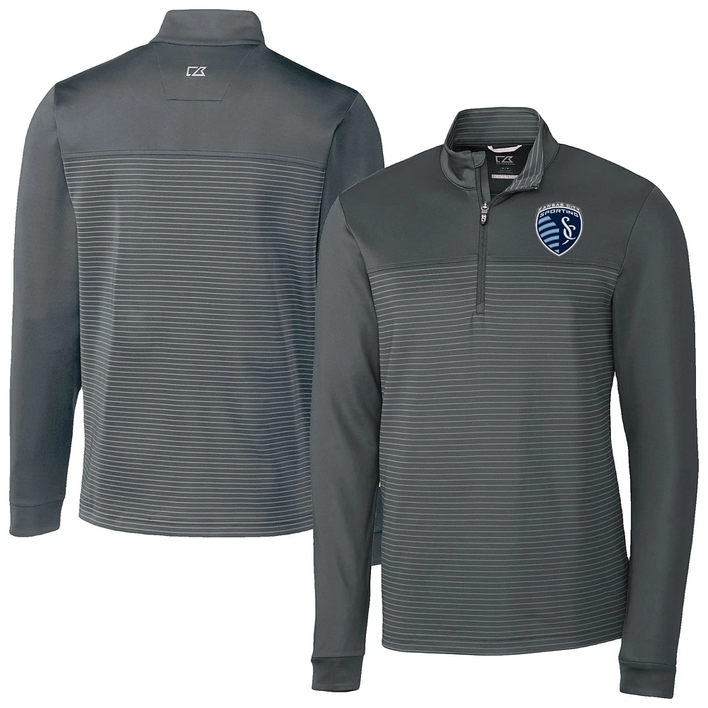 Men's Cutter & Buck Gray Sporting Kansas City Traverse Stretch Eco Stripe Tri-Blend Quarter-Zip Top