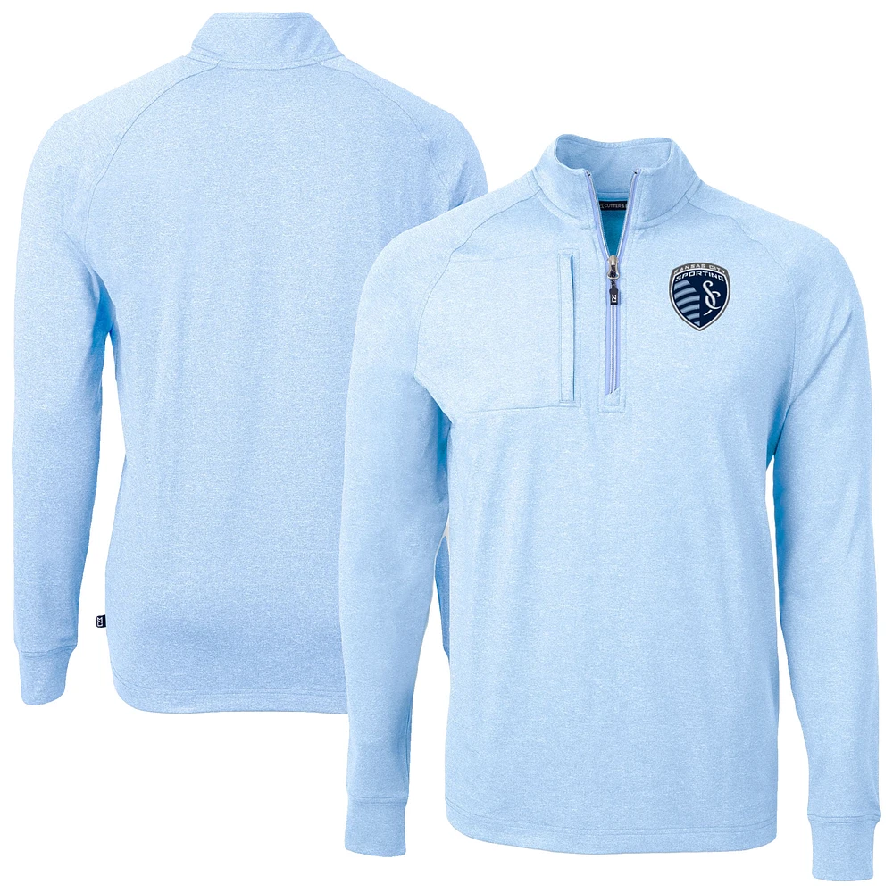 Men's Cutter & Buck Heather Powder Blue Sporting Kansas City Adapt Eco Knit Raglan Quarter-Zip Top