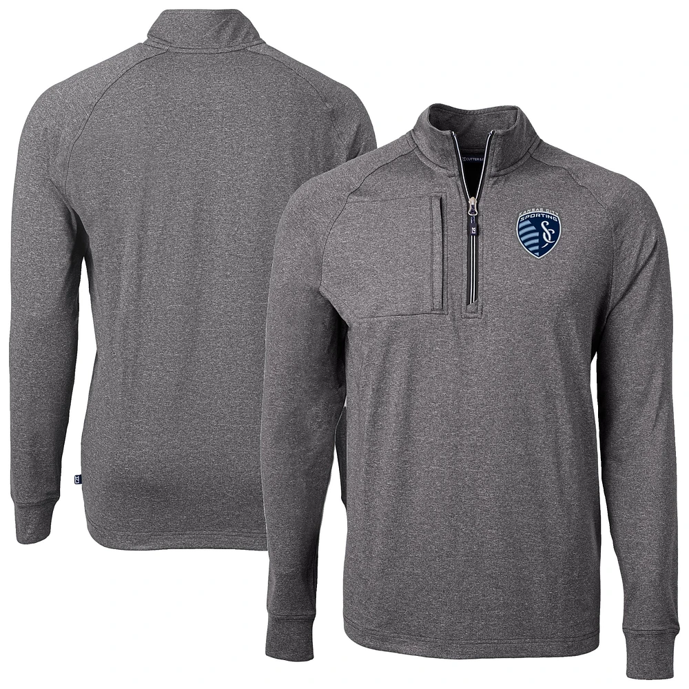 Men's Cutter & Buck Heather Sporting Kansas City Adapt Eco Knit Raglan Quarter-Zip Top