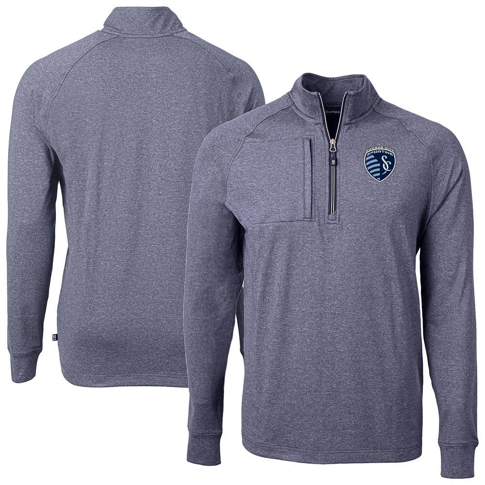 Men's Cutter & Buck Heather Navy Sporting Kansas City Adapt Eco Knit Raglan Quarter-Zip Top
