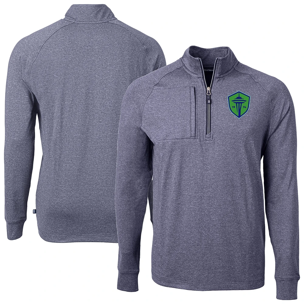 Men's Cutter & Buck Heather Navy Seattle Sounders FC Adapt Eco Knit Raglan Quarter-Zip Top