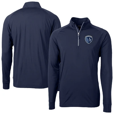 Men's Cutter & Buck Navy Sporting Kansas City Adapt Eco Knit Stretch Recycled Raglan Quarter-Zip Top
