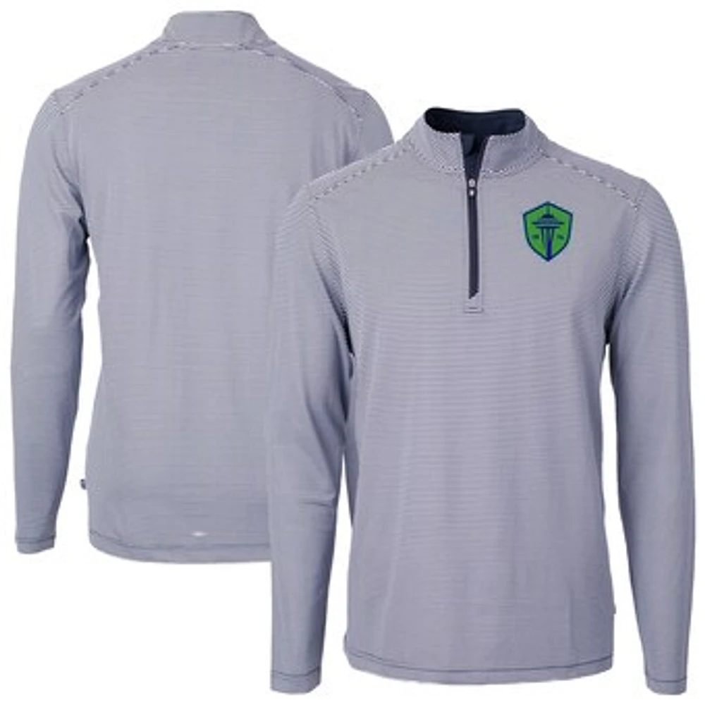 Men's Cutter & Buck Navy Seattle Sounders FC Virtue Eco Pique Micro Stripe Recycled Quarter-Zip Top