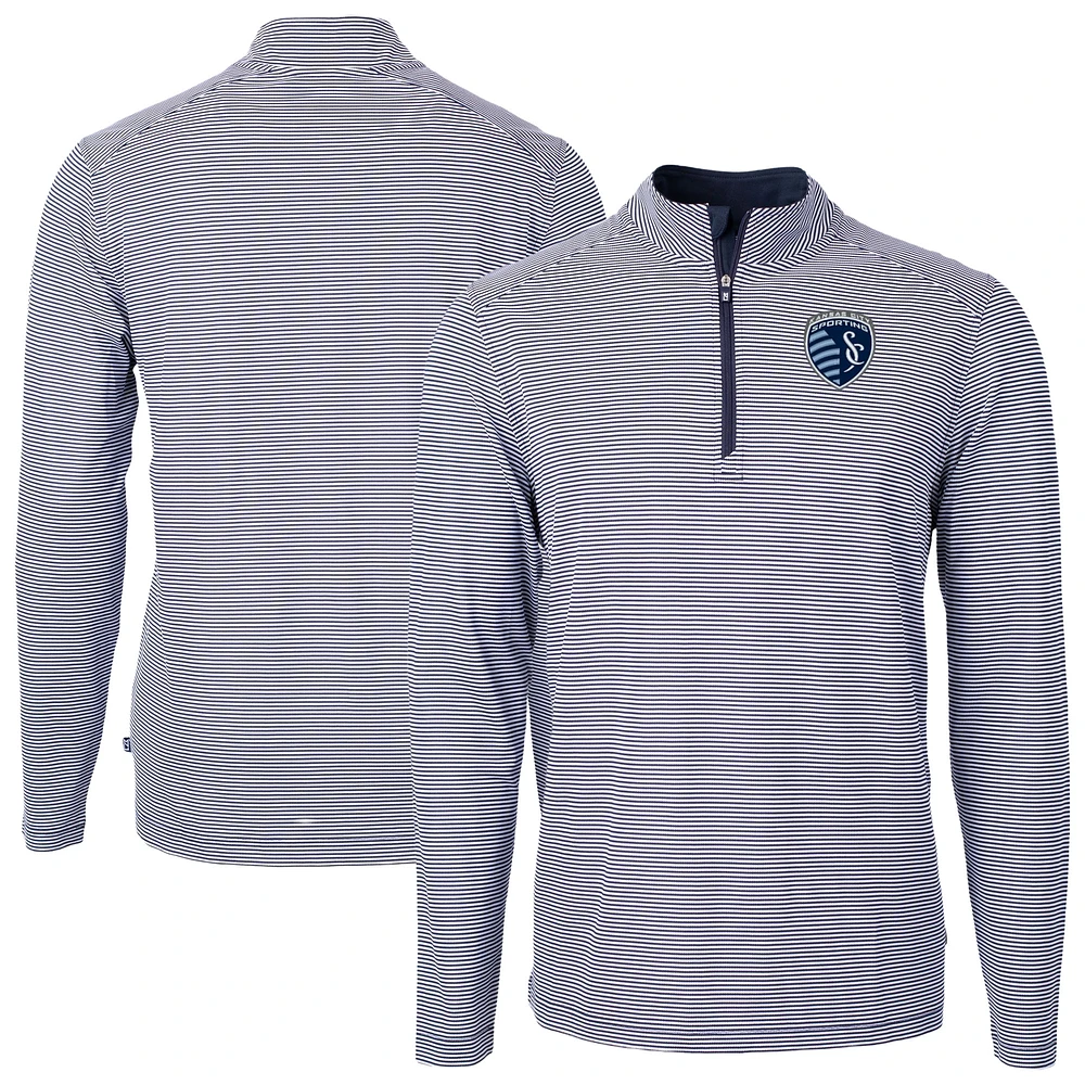 Men's Cutter & Buck Navy Sporting Kansas City Virtue Eco Pique Micro Stripe Recycled Quarter-Zip Top