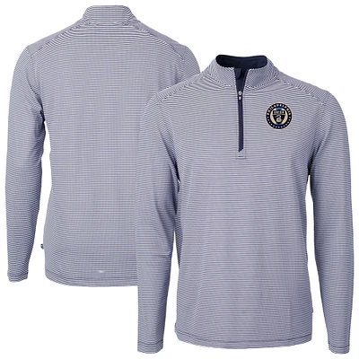 Men's Cutter & Buck Navy Philadelphia Union Virtue Eco Pique Micro Stripe Recycled Quarter-Zip Top