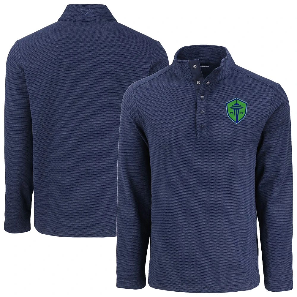 Men's Cutter & Buck Navy Seattle Sounders FC Hunts Point Eco Textured Fleece Recycled Quarter-Snap Pullover Top
