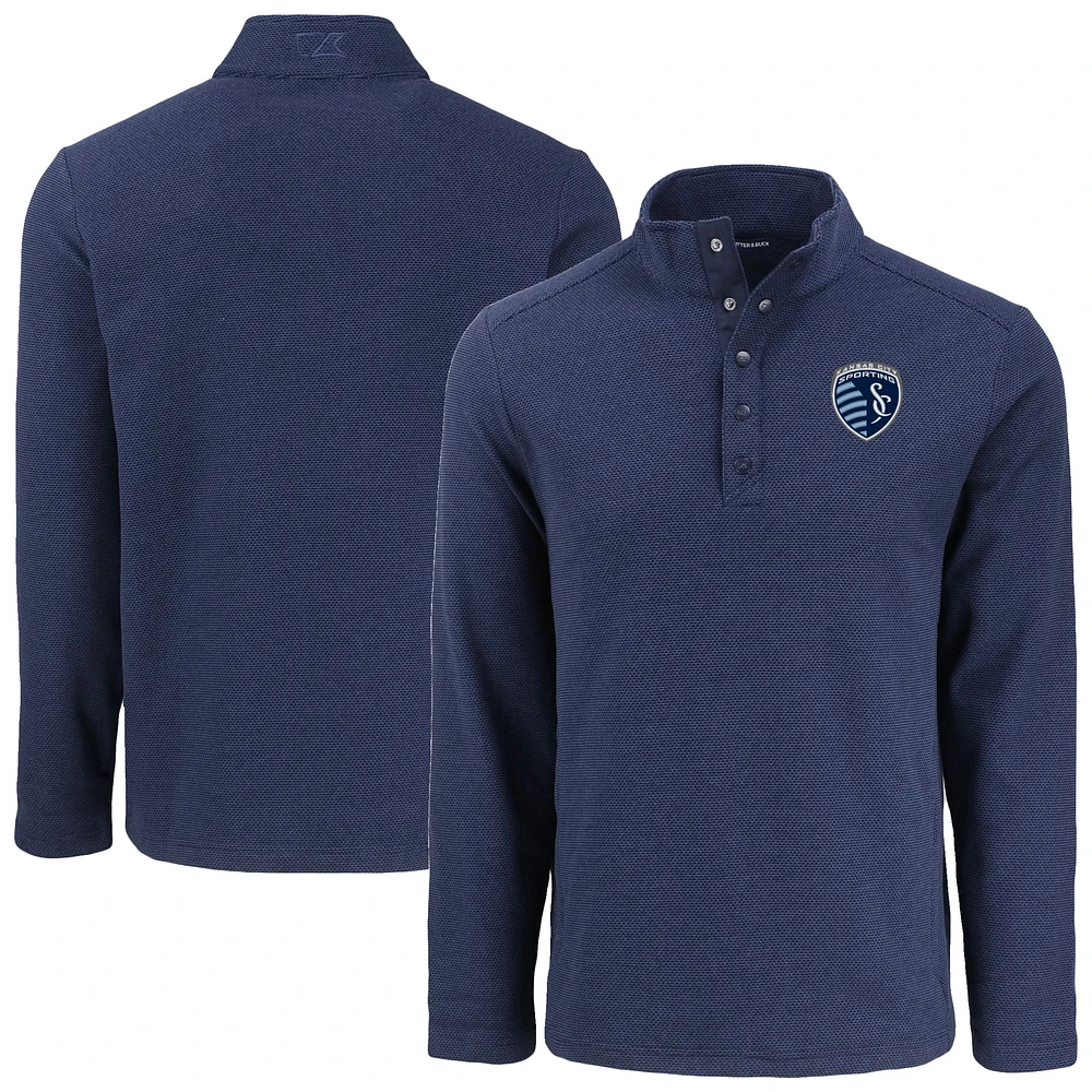 Men's Cutter & Buck Navy Sporting Kansas City Hunts Point Eco Textured Fleece Recycled Quarter-Snap Pullover Top