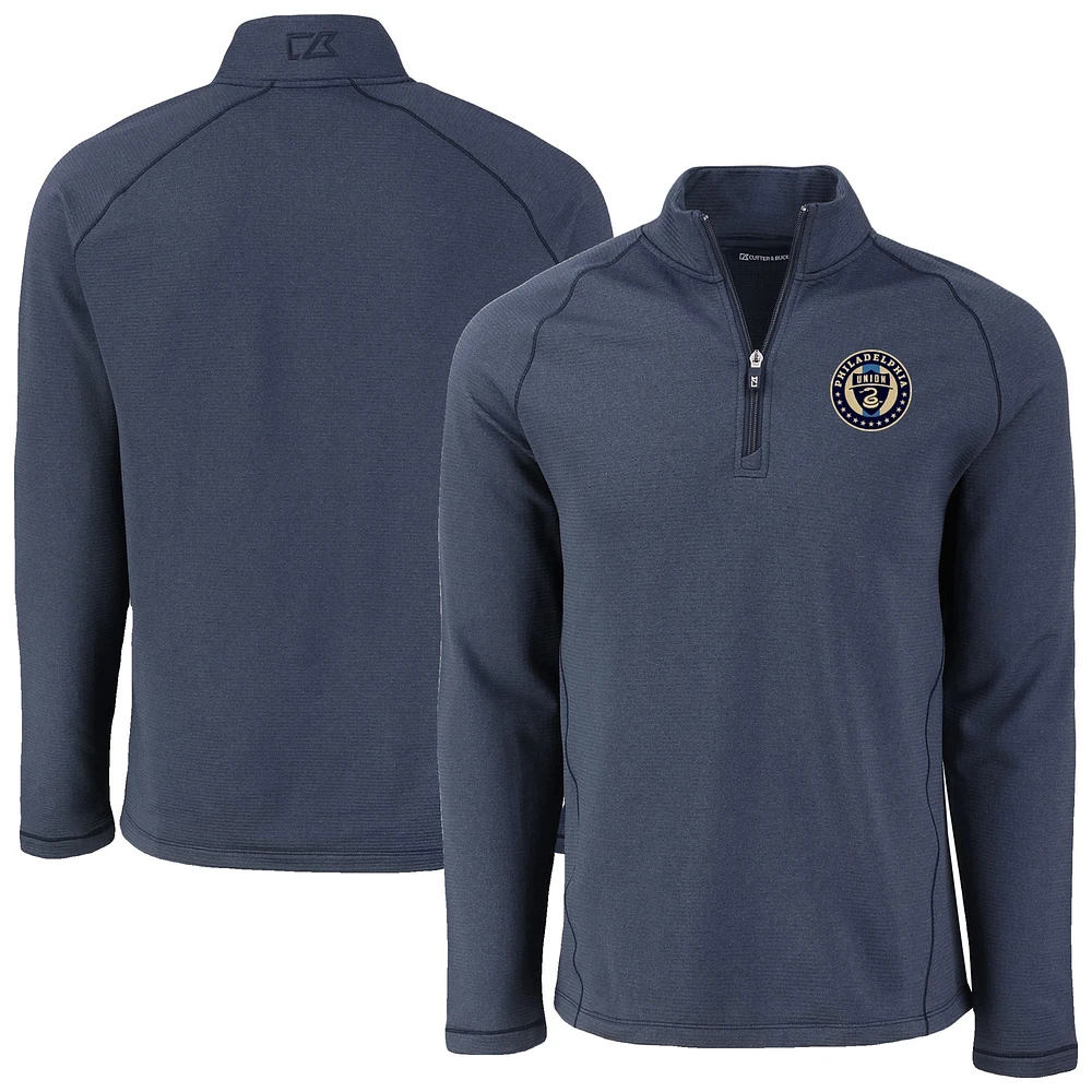 Men's Cutter & Buck Heather Navy Philadelphia Union Peshastin Eco Fleece Recycled Raglan Half-Zip Top
