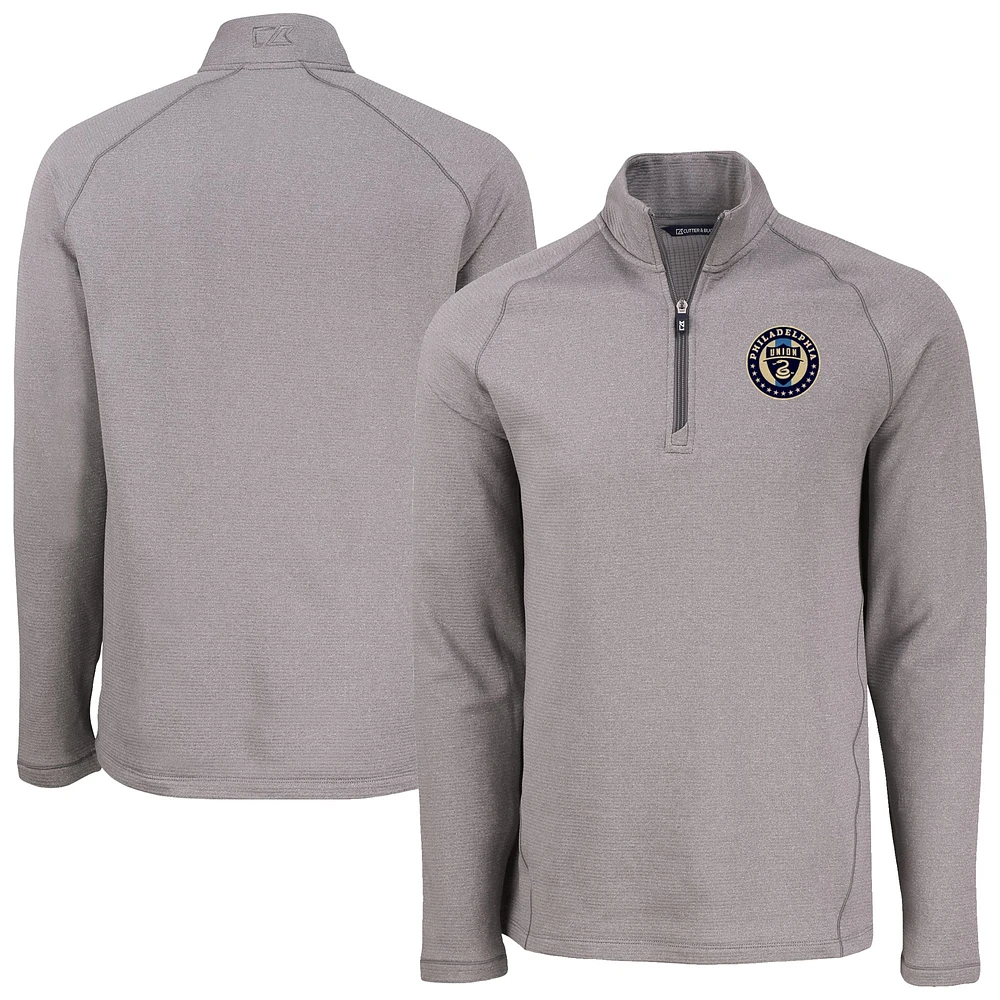 Men's Cutter & Buck Heather Gray Philadelphia Union Peshastin Eco Fleece Recycled Raglan Half-Zip Top