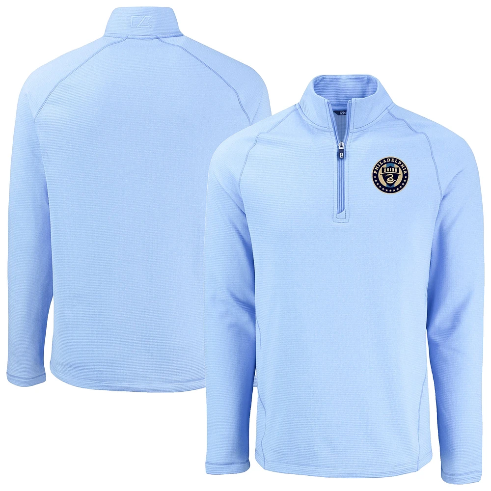 Men's Cutter & Buck Heather Powder Blue Philadelphia Union Peshastin Eco Fleece Recycled Raglan Half-Zip Top
