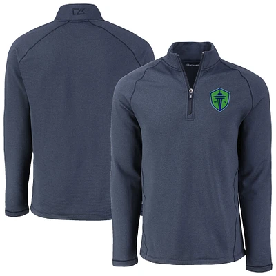 Men's Cutter & Buck Heather Navy Seattle Sounders FC Peshastin Eco Fleece Recycled Raglan Half-Zip Top