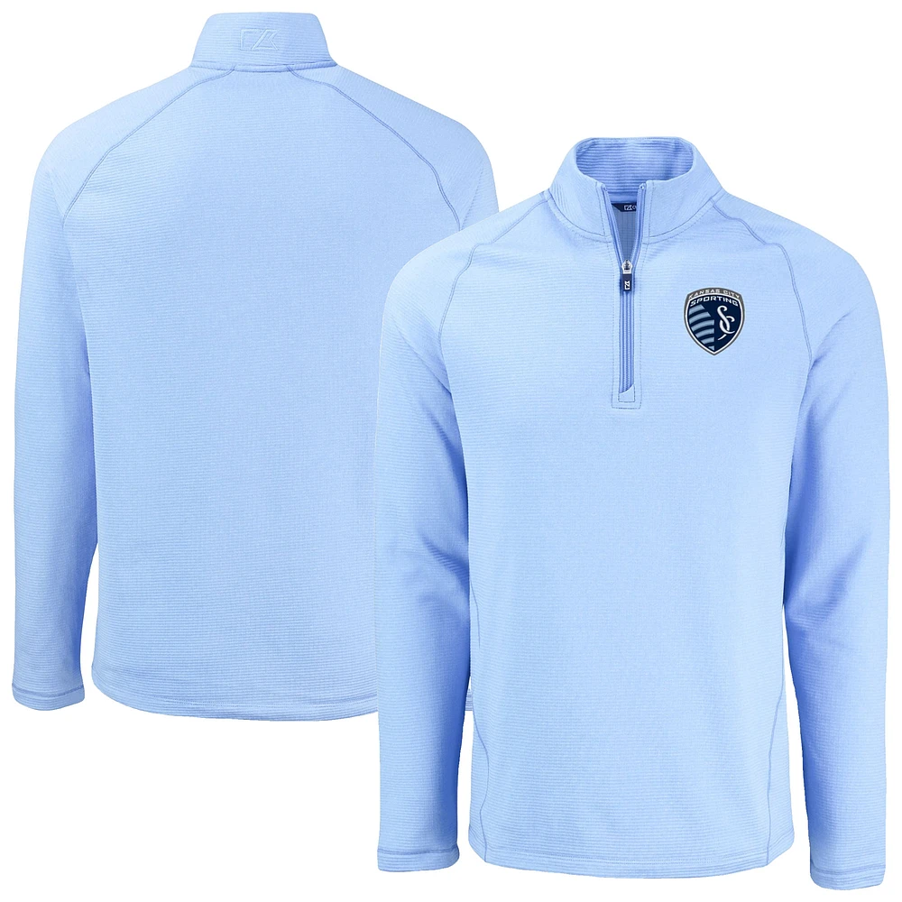 Men's Cutter & Buck Heather Sky Blue Sporting Kansas City Peshastin Eco Fleece Recycled Raglan Half-Zip Top