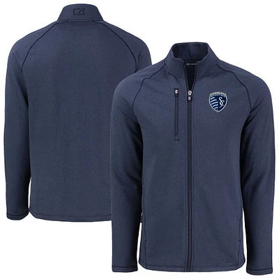 Men's Cutter & Buck Heather Navy Sporting Kansas City Peshastin Eco Fleece Recycled Raglan Full-Zip Jacket