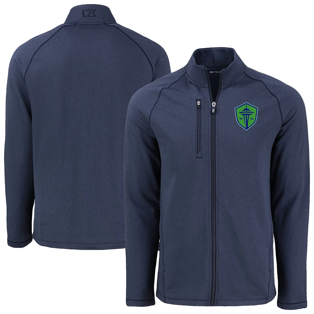 Men's Cutter & Buck Heather Navy Seattle Sounders FC Peshastin Eco Fleece Recycled Raglan Full-Zip Jacket