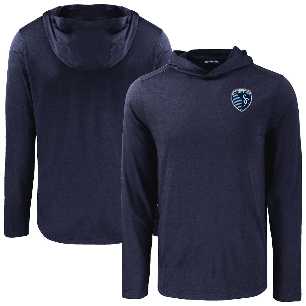 Men's Cutter & Buck Navy Sporting Kansas City Coastline Epic Comfort Eco Long Sleeve Recycled Hooded Shirt