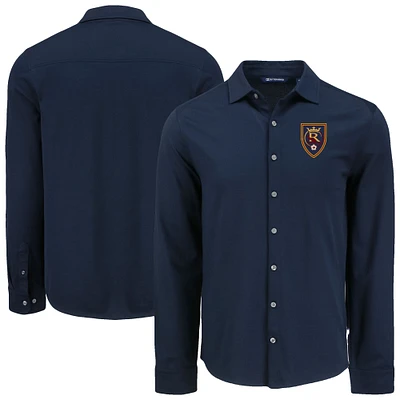 Men's Cutter & Buck Navy Real Salt Lake Advantage Tri-Blend Eco Soft Pique Long Sleeve Knitted Button-Up Top