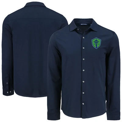 Men's Cutter & Buck Navy Seattle Sounders FC Advantage Tri-Blend Eco Soft Pique Long Sleeve Knitted Button-Up Top