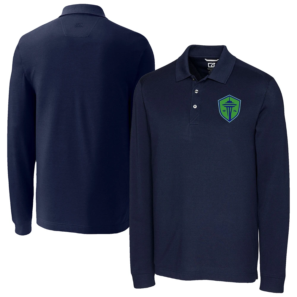 Men's Cutter & Buck Navy Seattle Sounders FC Advantage Eco Tri-Blend Pique Long Sleeve Polo