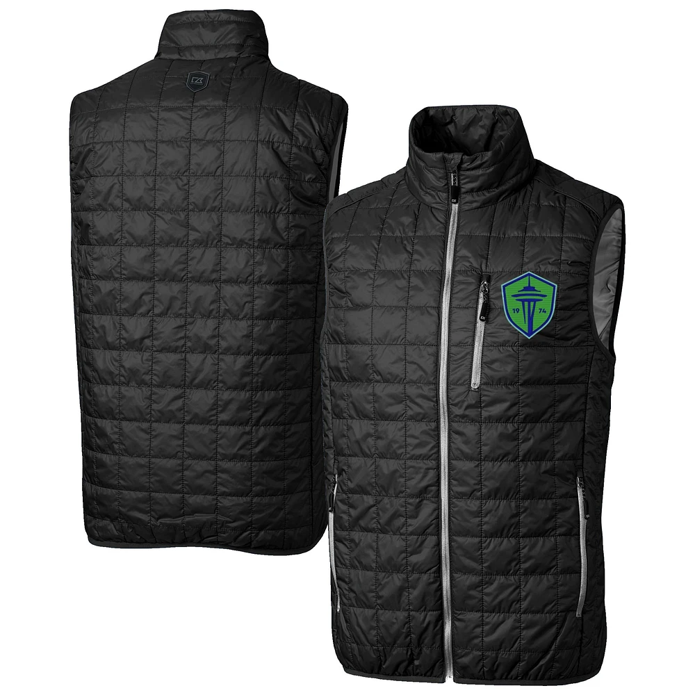 Men's Cutter & Buck Black Seattle Sounders FC Rainier PrimaLoft Eco Insulated Full Zip Puffer Vest