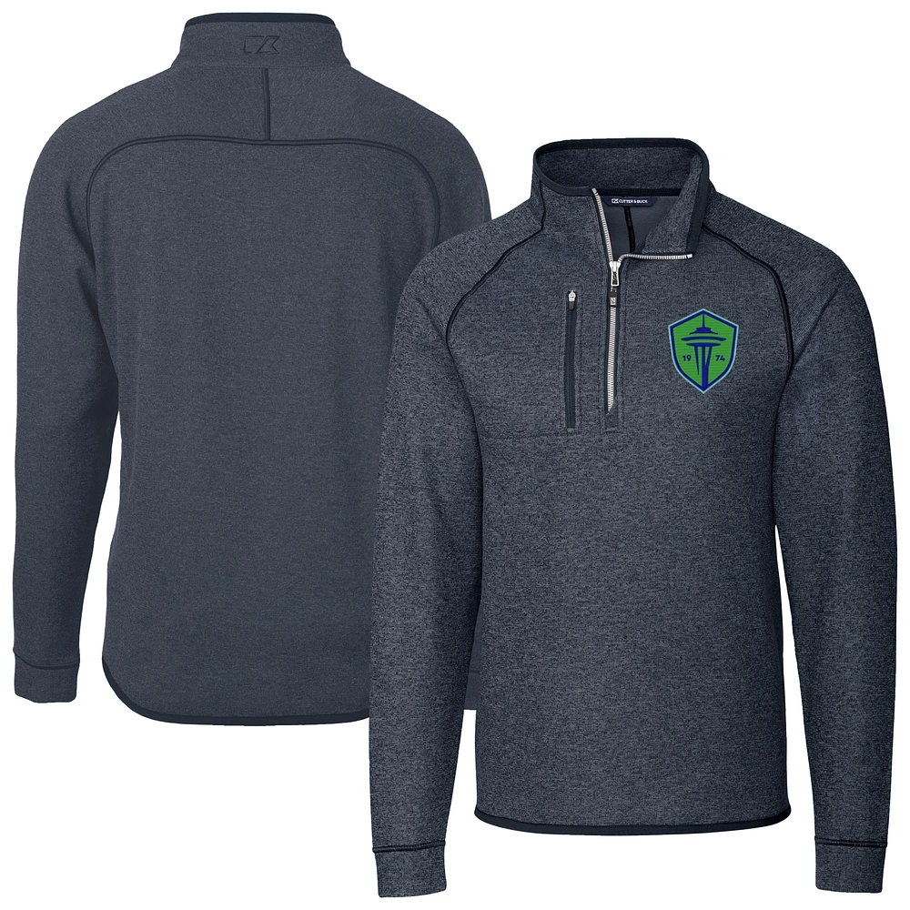 Men's Cutter & Buck Heather Navy Seattle Sounders FC Mainsail Sweater-Knit Half-Zip Raglan Jacket