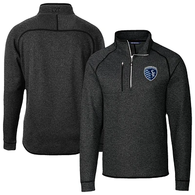 Men's Cutter & Buck Heather Black Sporting Kansas City Mainsail Sweater-Knit Half-Zip Raglan Jacket
