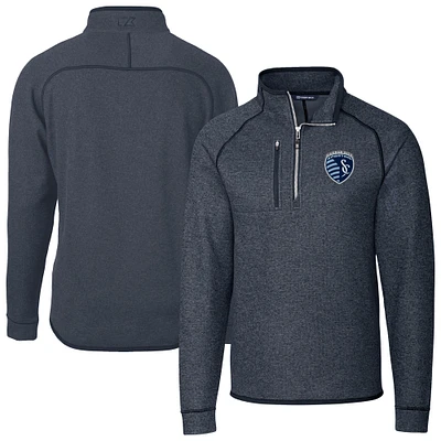 Men's Cutter & Buck Heather Navy Sporting Kansas City Mainsail Sweater-Knit Half-Zip Raglan Jacket