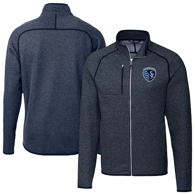 Men's Cutter & Buck Heather Navy Sporting Kansas City Mainsail Sweater-Knit Full-Zip Jacket