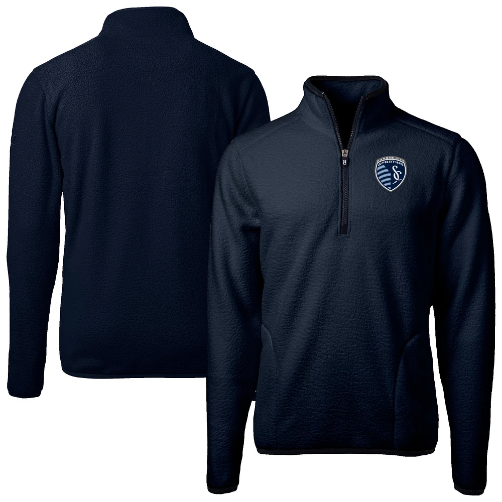 Men's Cutter & Buck Navy Sporting Kansas City Cascade Eco Fleece Quarter-Zip Jacket