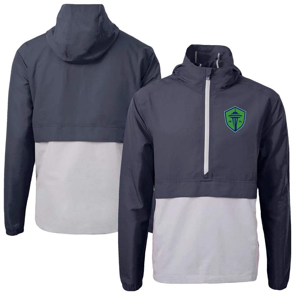 Men's Cutter & Buck Navy Seattle Sounders FC Charter Eco Recycled Anorak Hooded Half-Zip Jacket