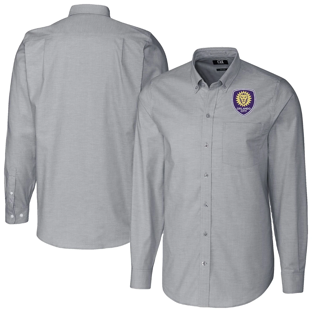 Men's Cutter & Buck Charcoal Orlando City SC Stretch Oxford Stripe Tri-Blend Long Sleeve Button-Down Shirt
