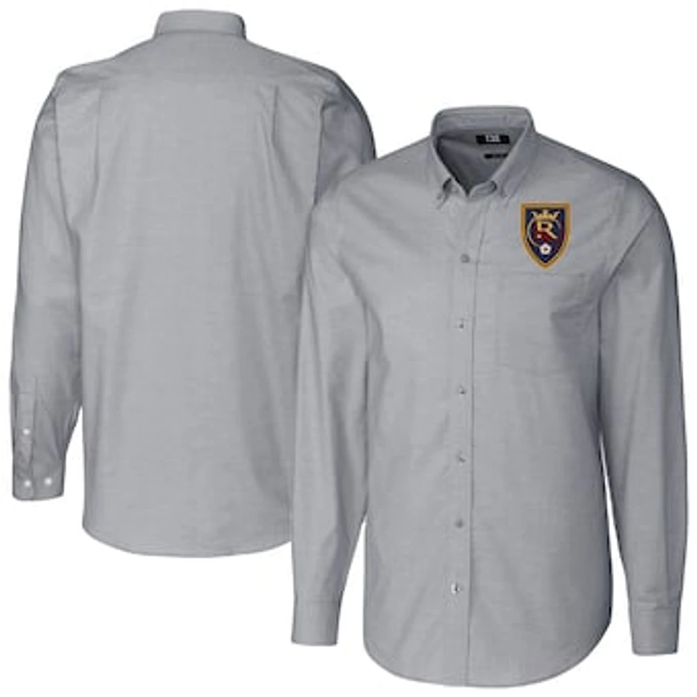 Men's Cutter & Buck Charcoal Real Salt Lake Stretch Oxford Stripe Tri-Blend Long Sleeve Button-Down Shirt