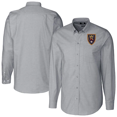 Men's Cutter & Buck Charcoal Real Salt Lake Stretch Oxford Stripe Tri-Blend Long Sleeve Button-Down Shirt