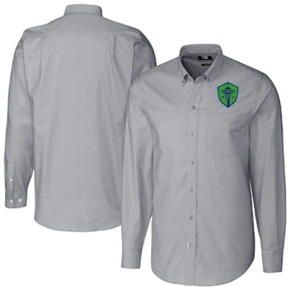 Men's Cutter & Buck Charcoal Seattle Sounders FC Stretch Oxford Stripe Tri-Blend Long Sleeve Button-Down Shirt