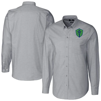 Men's Cutter & Buck Charcoal Seattle Sounders FC Stretch Oxford Stripe Tri-Blend Long Sleeve Button-Down Shirt