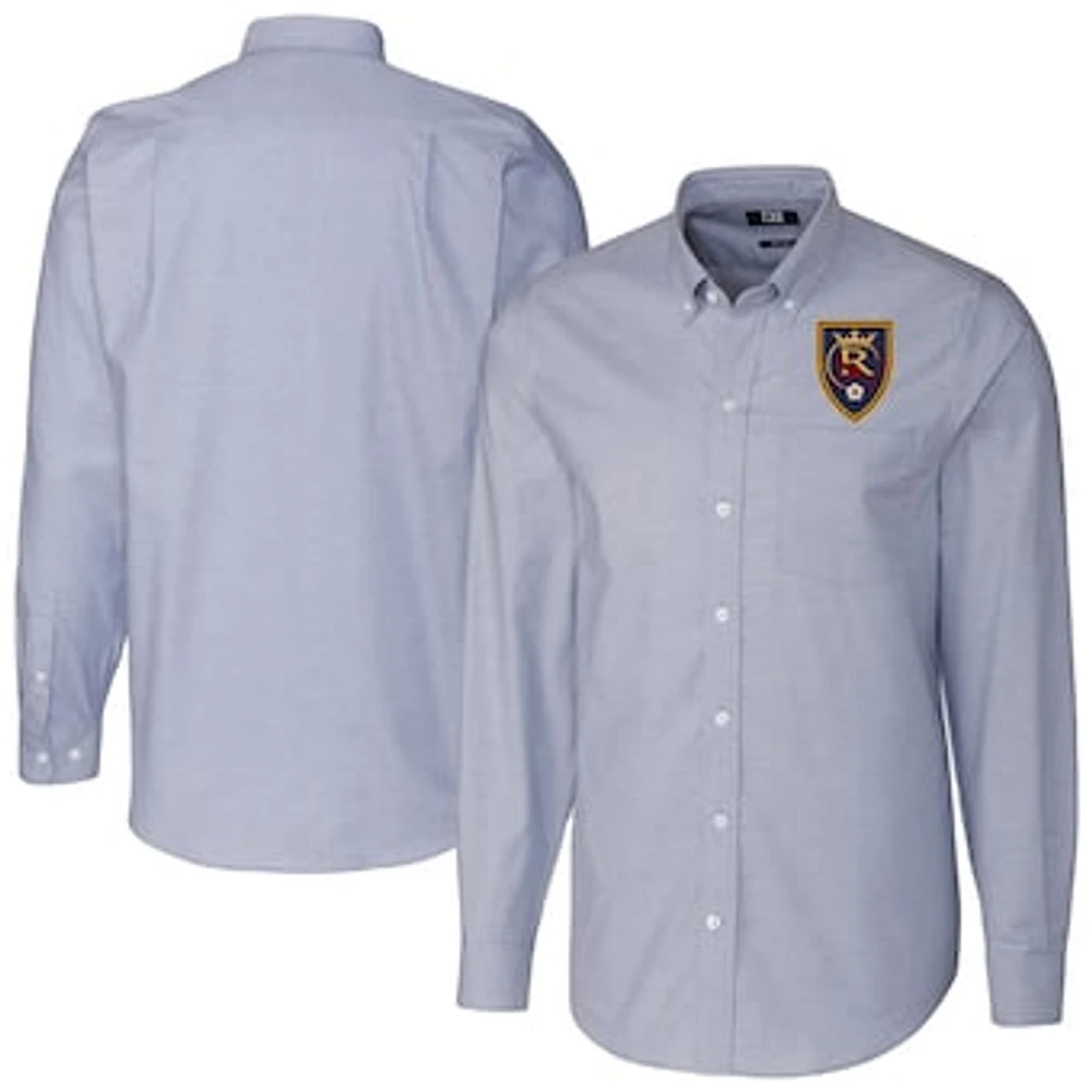 Men's Cutter & Buck Light Blue Real Salt Lake Stretch Oxford Stripe Tri-Blend Long Sleeve Button-Down Shirt