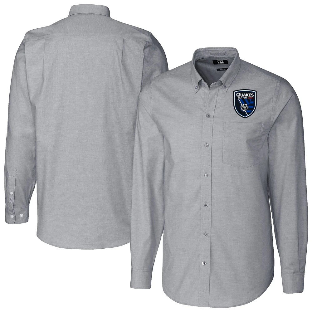 Men's Cutter & Buck Charcoal San Jose Earthquakes Stretch Oxford Stripe Tri-Blend Long Sleeve Button-Down Shirt