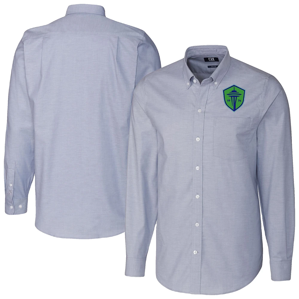 Men's Cutter & Buck Light Blue Seattle Sounders FC Stretch Oxford Stripe Tri-Blend Long Sleeve Button-Down Shirt