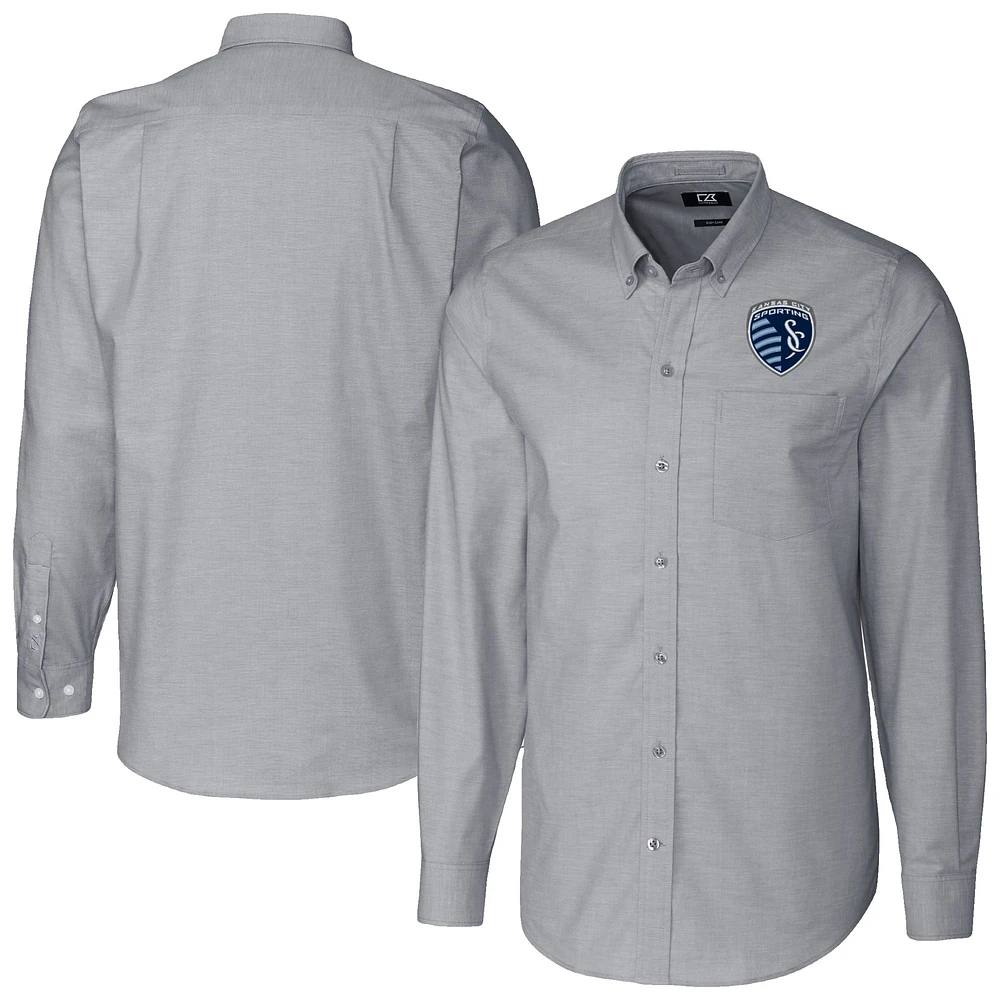 Men's Cutter & Buck Charcoal Sporting Kansas City Stretch Oxford Stripe Tri-Blend Long Sleeve Button-Down Shirt