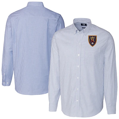 Men's Cutter & Buck Blue Real Salt Lake Stretch Oxford Stripe Tri-Blend Long Sleeve Button-Down Shirt