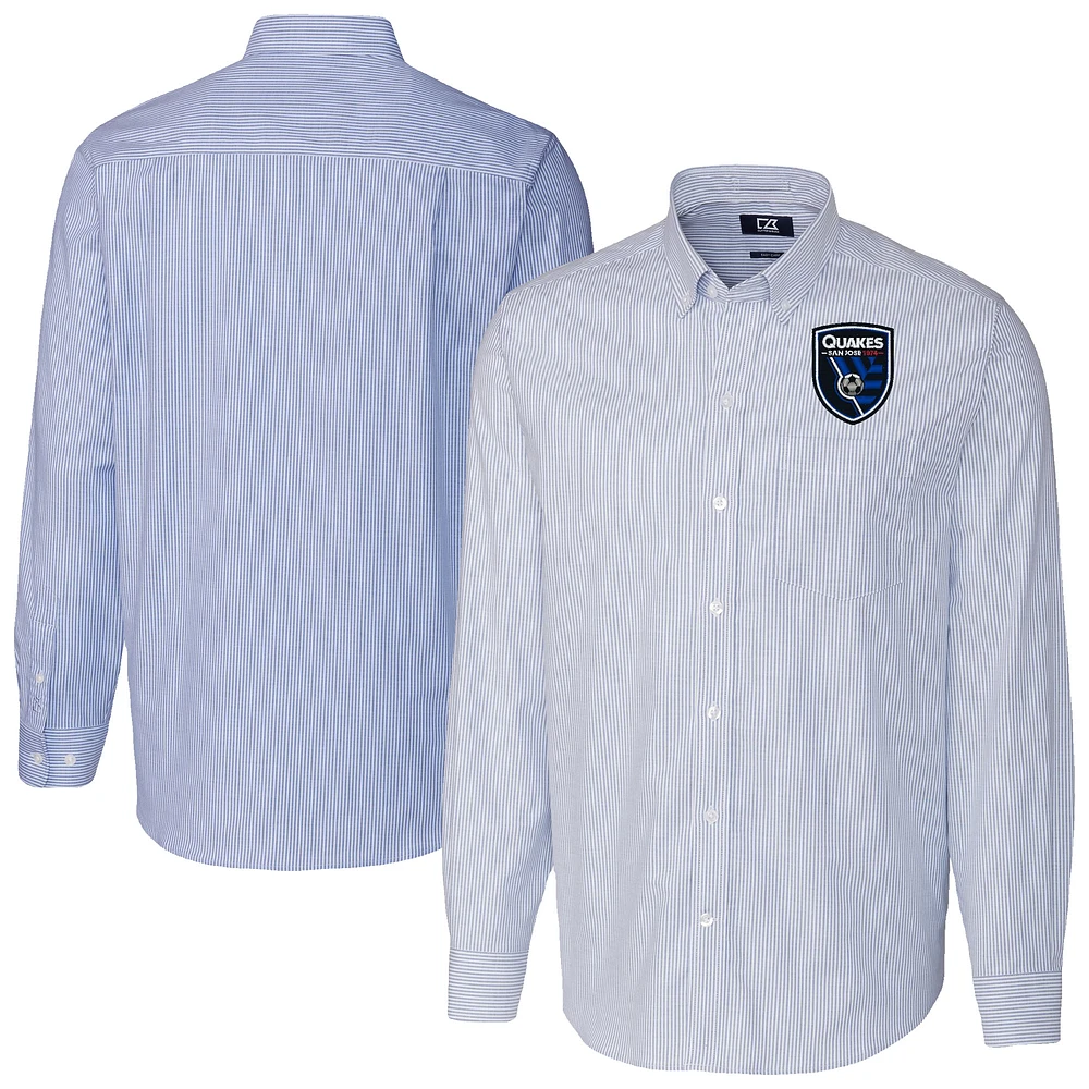 Men's Cutter & Buck Blue San Jose Earthquakes Stretch Oxford Stripe Tri-Blend Long Sleeve Button-Down Shirt