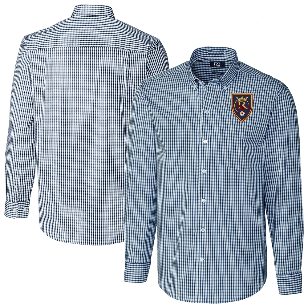 Men's Cutter & Buck Navy Real Salt Lake Easy Care Stretch Gingham Long Sleeve Dress Top