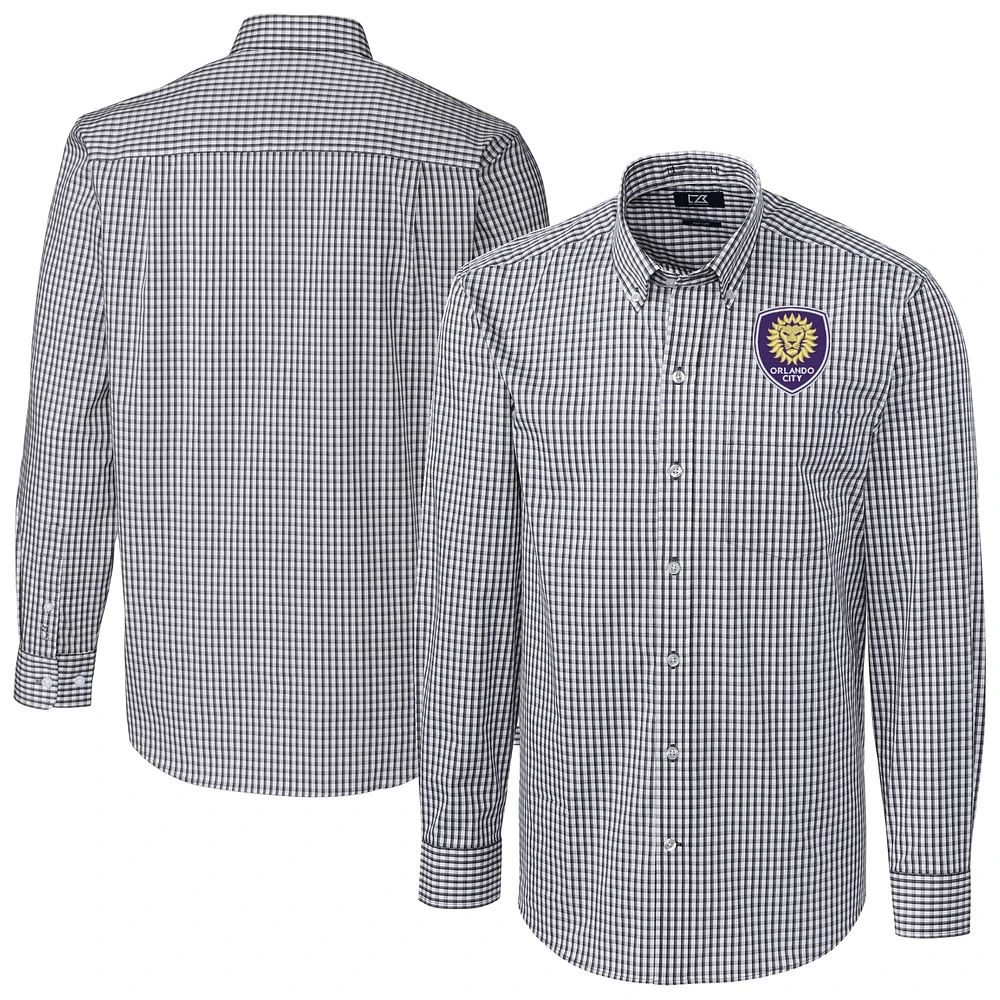 Men's Cutter & Buck Charcoal Orlando City SC Easy Care Stretch Gingham Long Sleeve Dress Top