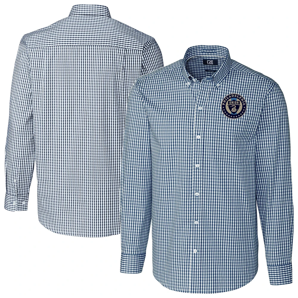 Men's Cutter & Buck Navy Philadelphia Union Easy Care Stretch Gingham Long Sleeve Dress Top