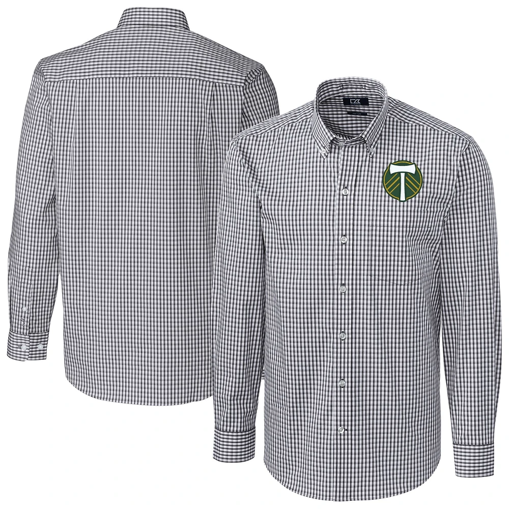 Men's Cutter & Buck Charcoal Portland Timbers Easy Care Stretch Gingham Long Sleeve Dress Top