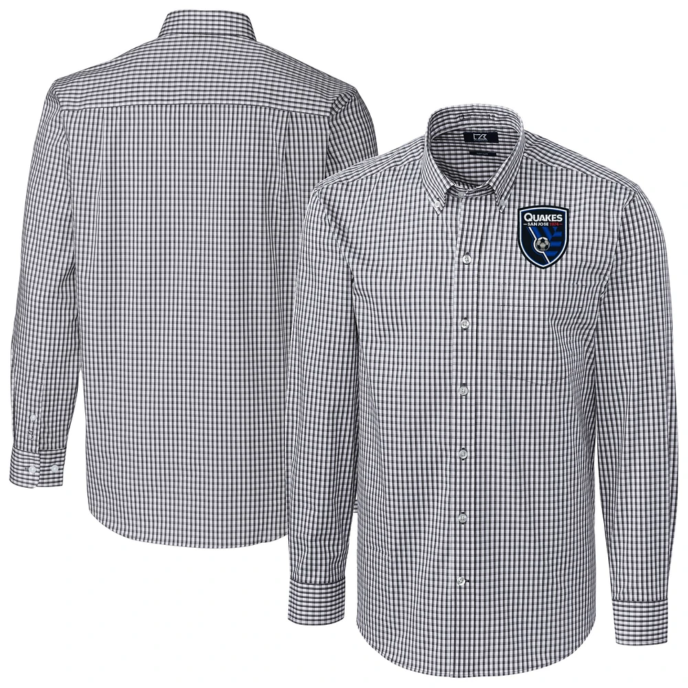 Men's Cutter & Buck Charcoal San Jose Earthquakes Easy Care Stretch Gingham Long Sleeve Dress Top