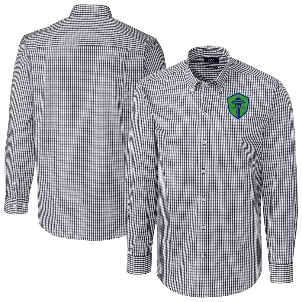 Men's Cutter & Buck Charcoal Seattle Sounders FC Easy Care Stretch Gingham Long Sleeve Dress Top