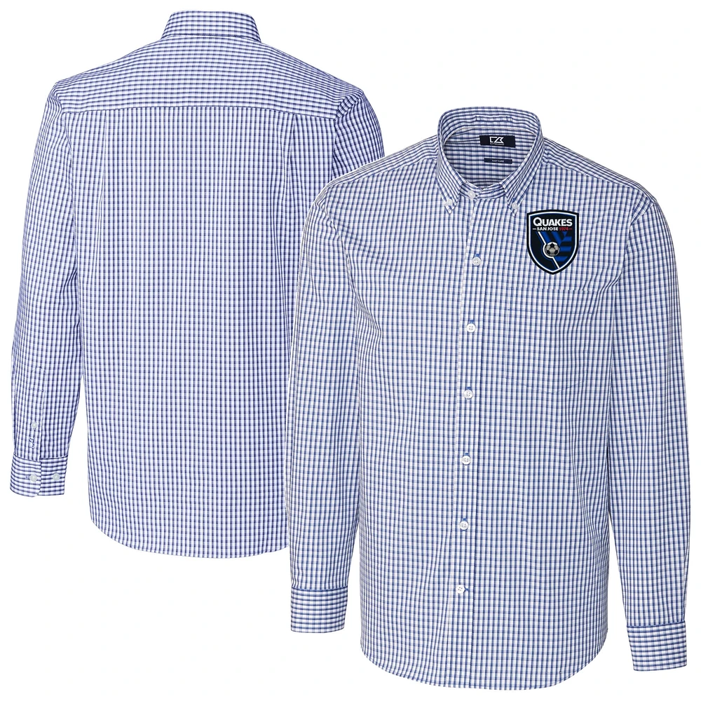 Men's Cutter & Buck Blue San Jose Earthquakes Easy Care Stretch Gingham Long Sleeve Dress Top