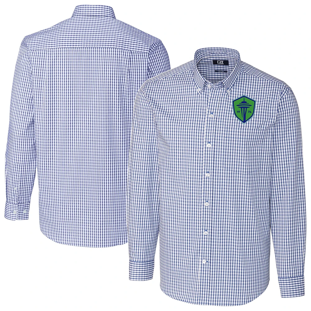 Men's Cutter & Buck Blue Seattle Sounders FC Easy Care Stretch Gingham Long Sleeve Dress Top
